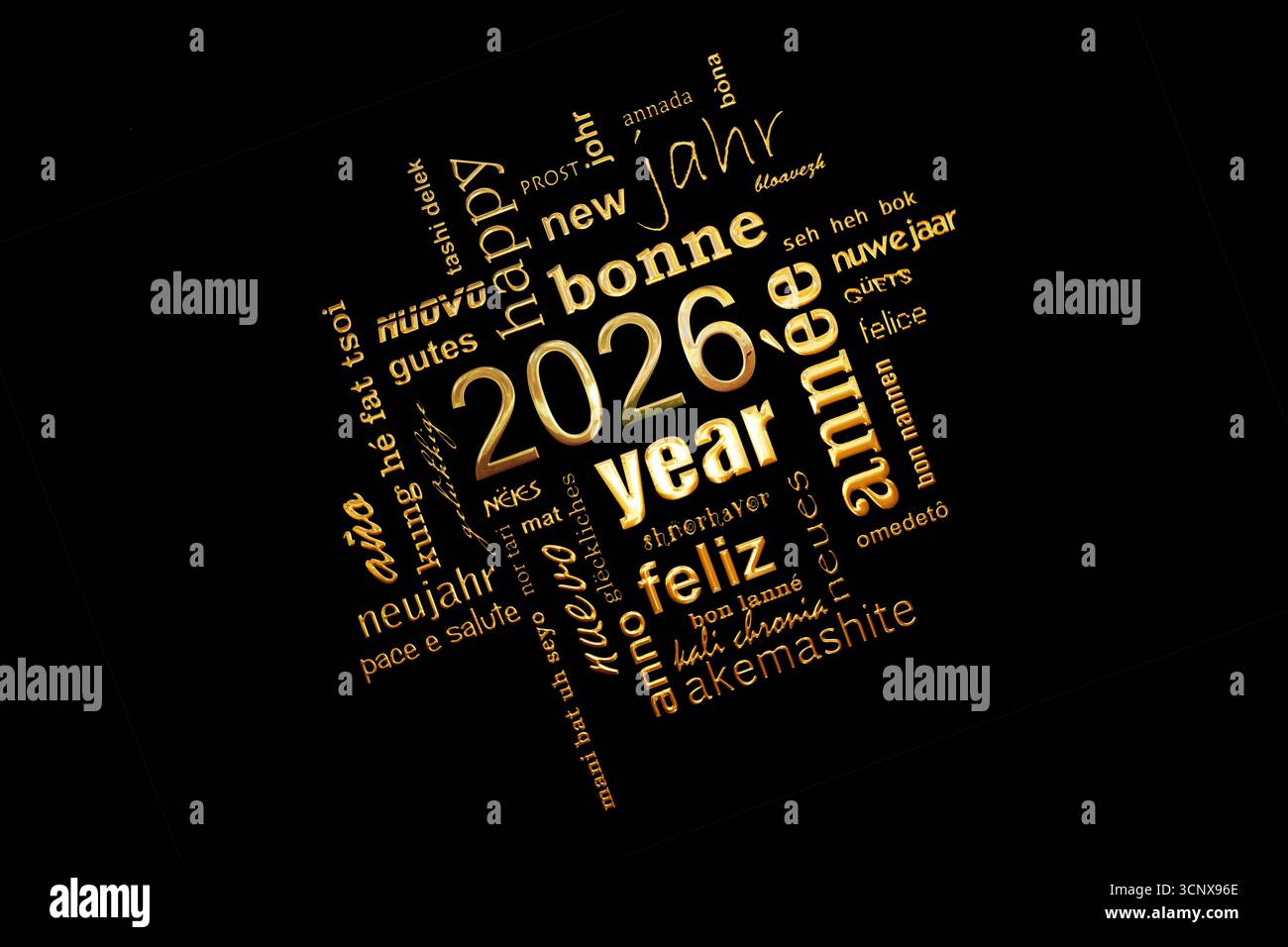 carte de voeux carrée de nuage de mots carrés de texte doré multilingue du nouvel an 2026 sur fond noir Banque D'Images