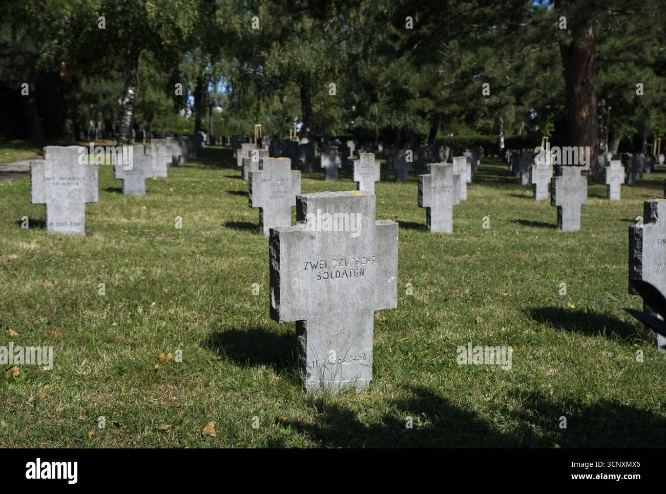 Mattersburg, Autriche - 03 septembre 2025 : ce cimetière militaire de Mattersburg contient 2575 tombes de guerre allemandes datant de la seconde Guerre mondiale. Journée d'été ensoleillée. Banque D'Images