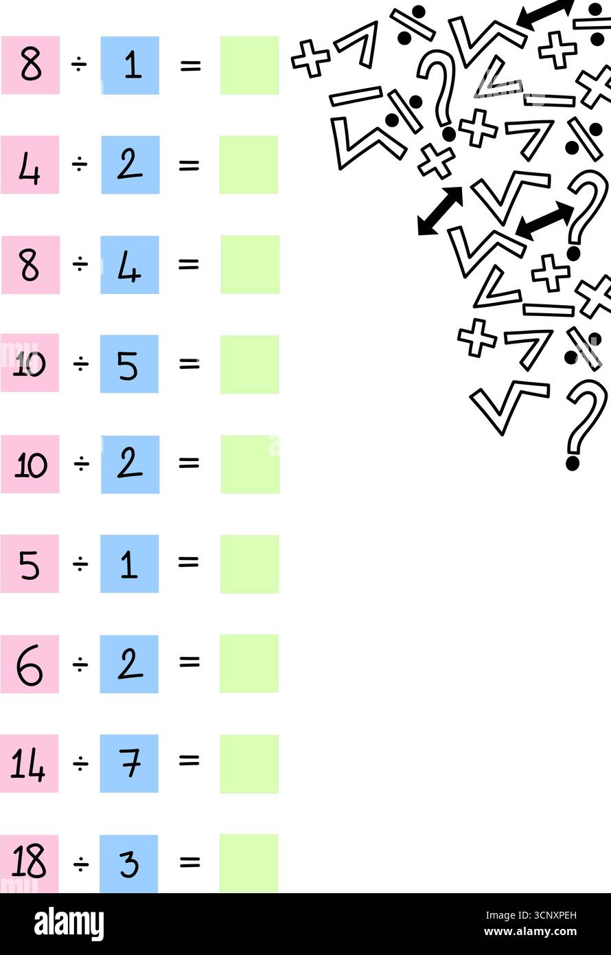 Feuille de travail de division simple pour les enfants avec des symboles mathématiques dessinés à la main et un point d'interrogation sur fond blanc. Activité mathématique éducative Illustration de Vecteur