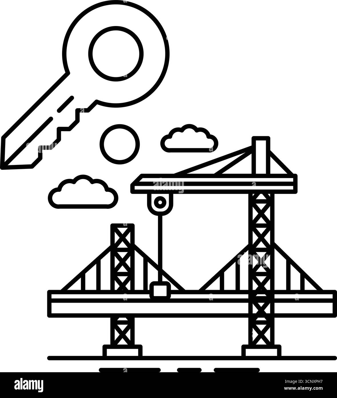 Une clé est montrée au-dessus d'un pont avec une grue. La clé est un symbole de déverrouillage et d'ouverture de nouvelles opportunités. Le pont et la grue représentent Progress an Illustration de Vecteur