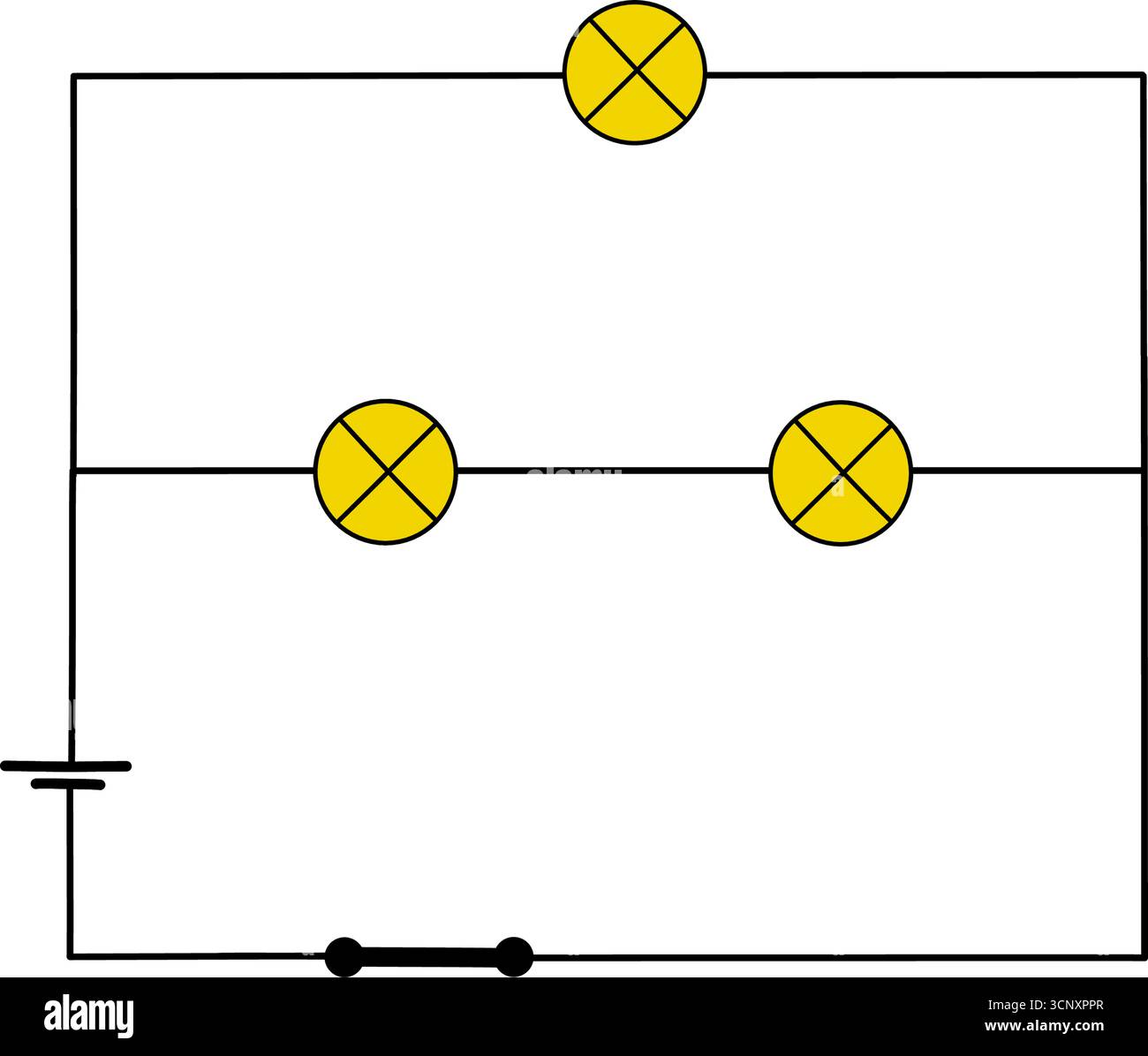 Schéma électrique avec ampoules et source d'alimentation. Illustration simple du circuit parallèle de base, série isolé sur fond blanc Illustration de Vecteur