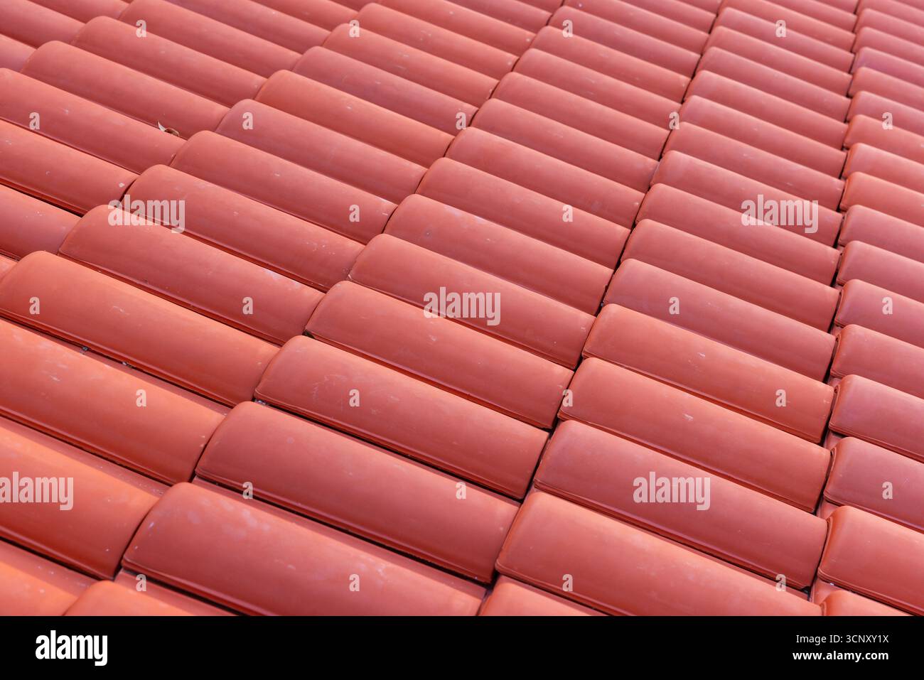 Vue rapprochée de tuiles de toit en argile rouge disposées en rangées ordonnées, mettant en évidence leurs tons chauds, leur glaçage brillant et leur texture répétitive. Idéal pour architecte Banque D'Images