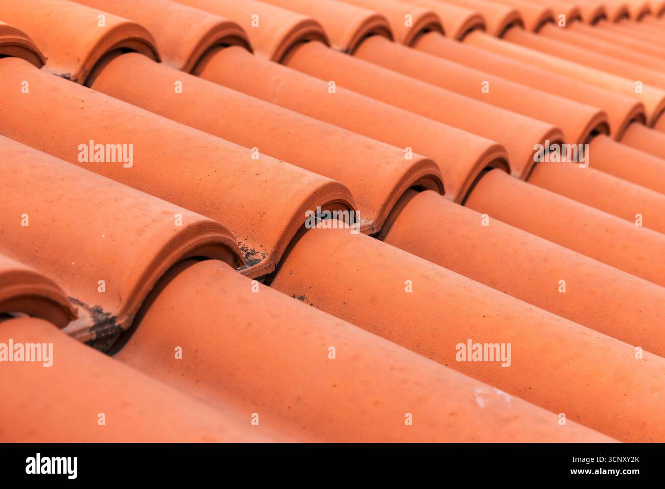 Rangées de tuiles courbées en terre cuite dans des tons oranges chauds. La vue rapprochée met l'accent sur la texture, le motif et l'artisanat, parfait pour l'architecture, le roo Banque D'Images