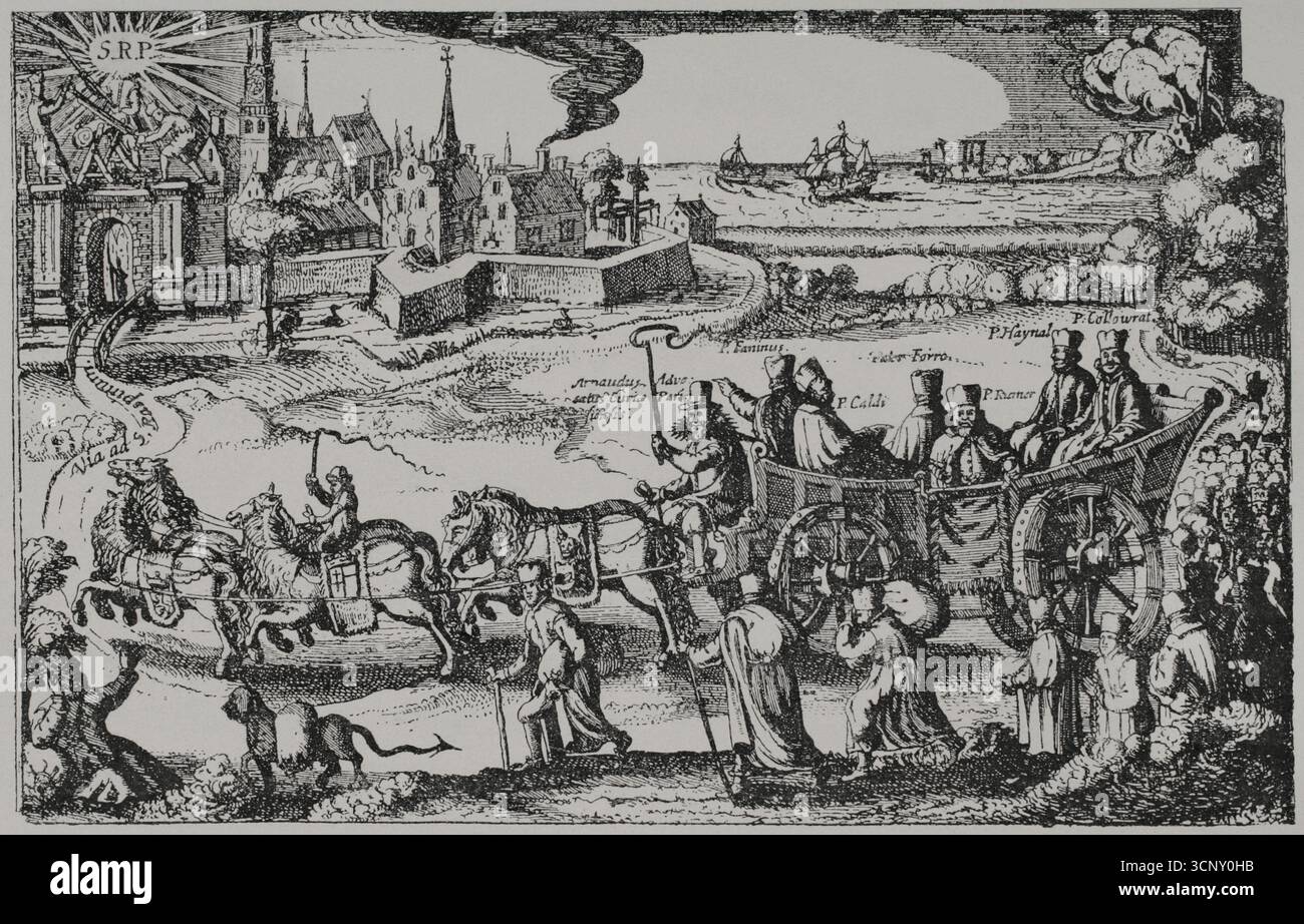 France. Gravure allégorique anonyme relative à l'expulsion des Jésuites, suite au plaidoyer d'Antoine Arnauld devant l'Université de Paris. Antoine Arnauld est assis sur la voiture. Le 12 juillet 1594, un procès débute devant le Parlement de Paris. Il opposait l'Université de Paris, avec les prêtres de la paroisse de la ville, à la Compagnie de Jésus. Antoine Arnauld agit comme avocat de l'université, accusant les Jésuites d'avoir provoqué les guerres de religion françaises afin de favoriser l'Espagne. XVIIme siècle : lettres, sciences et arts, France 1590-1700 (XVIIe siècle : lettres, sciences et Ar Banque D'Images