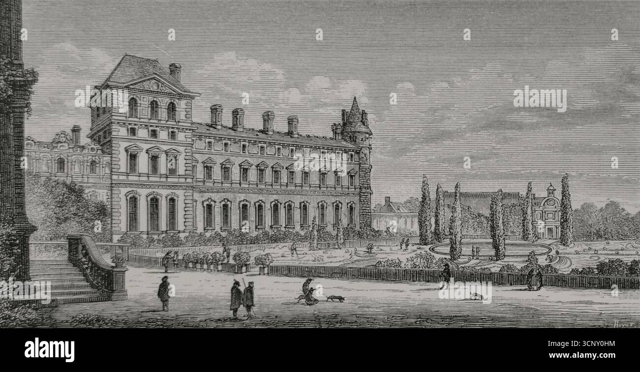 Paris, France. Vue et perspective de la partie du Louvre où se trouvent les appartements du Roi et de la Reine, côté jardin. De gauche à droite : petite Galerie, Pavillon du Roi et la tour S.E. du Vieux Louvre. Gravure de Huyot d'après Israël Silvestre (1621-1691), 1650-1655. XVIIe siècle : lettres, sciences et arts, France 1590-1700 (XVIIe siècle : lettres, sciences et arts), par Paul Lacroix. Publié à Paris par librairie de Firmin-Didot et Cie, 1882. Banque D'Images