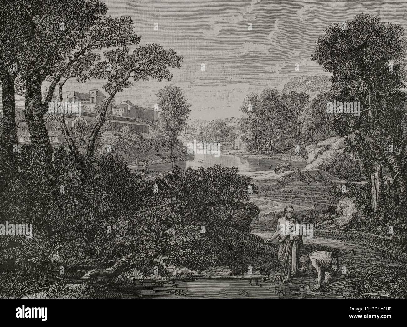 Paysage avec Diogène. Gravure de Huyot d'après le tableau du peintre français Nicolas Poussin (1594-1665), œuvre réalisée entre 1654 et 1658. XVIIe siècle : lettres, sciences et arts, France 1590-1700 (XVIIe siècle : lettres, sciences et arts), par Paul Lacroix. Publié à Paris par librairie de Firmin-Didot et Cie, 1882. Banque D'Images