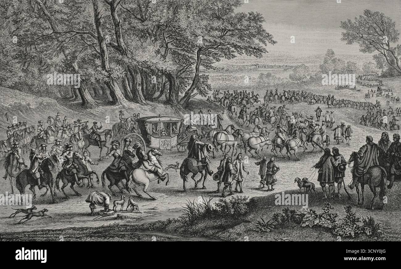 France. La reine déménage à Fontainebleau accompagnée de ses gardes. Gravure de Huyot d'après Adam Frans van der Meulen (1632-1690) et Adrien François Baudouin (Adriaen Frans Boudewijns) (1644-1719), avant 1685. XVIIe siècle : lettres, sciences et arts, France 1590-1700 (XVIIe siècle : lettres, sciences et arts), par Paul Lacroix. Publié à Paris par librairie de Firmin-Didot et Cie, 1882. Banque D'Images