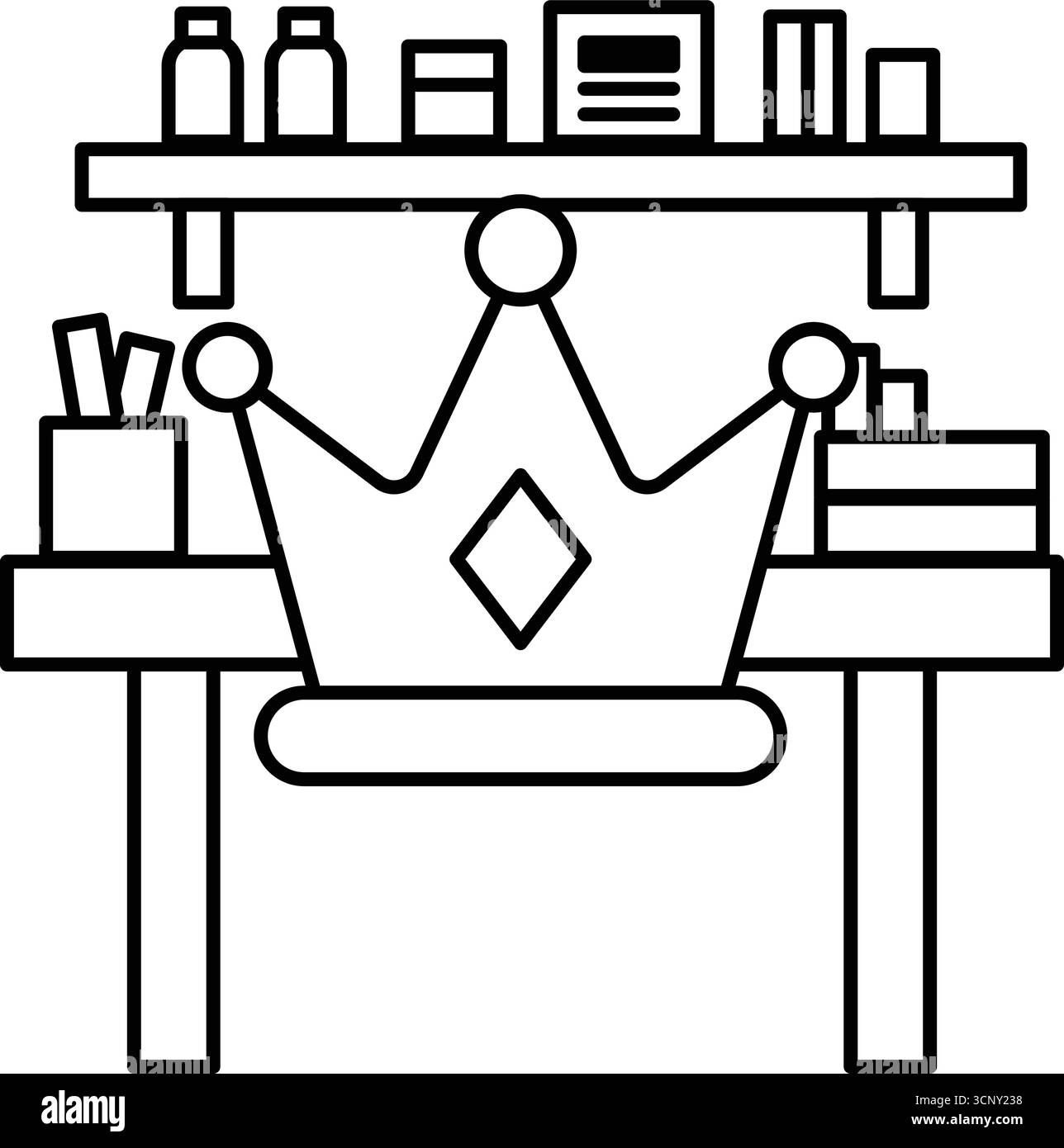 Un dessin noir et blanc d'un bureau avec une couronne dessus. La couronne est sur une chaise. Le bureau est rempli de divers articles tels que des livres, des stylos et Illustration de Vecteur