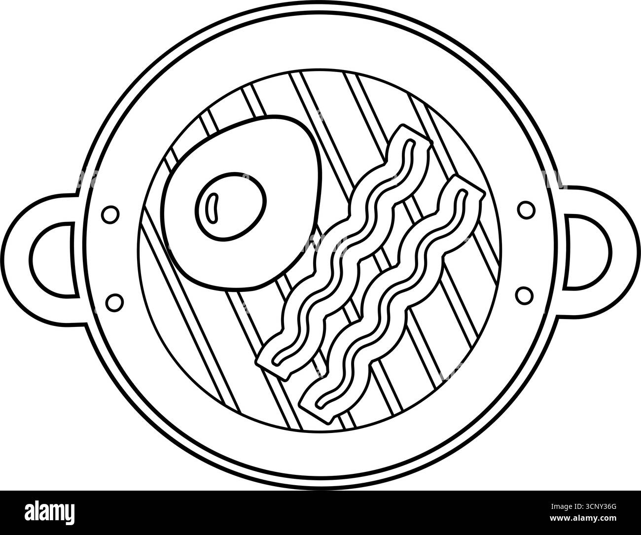 Poêle grillagée avec rayures œufs frits et bacon petit déjeuner anglais traditionnel design minimaliste. Icône d'illustration vectorielle isolée autocollant pictogramme Poster alimentaire carte de menu thématique élément minimal Illustration de Vecteur