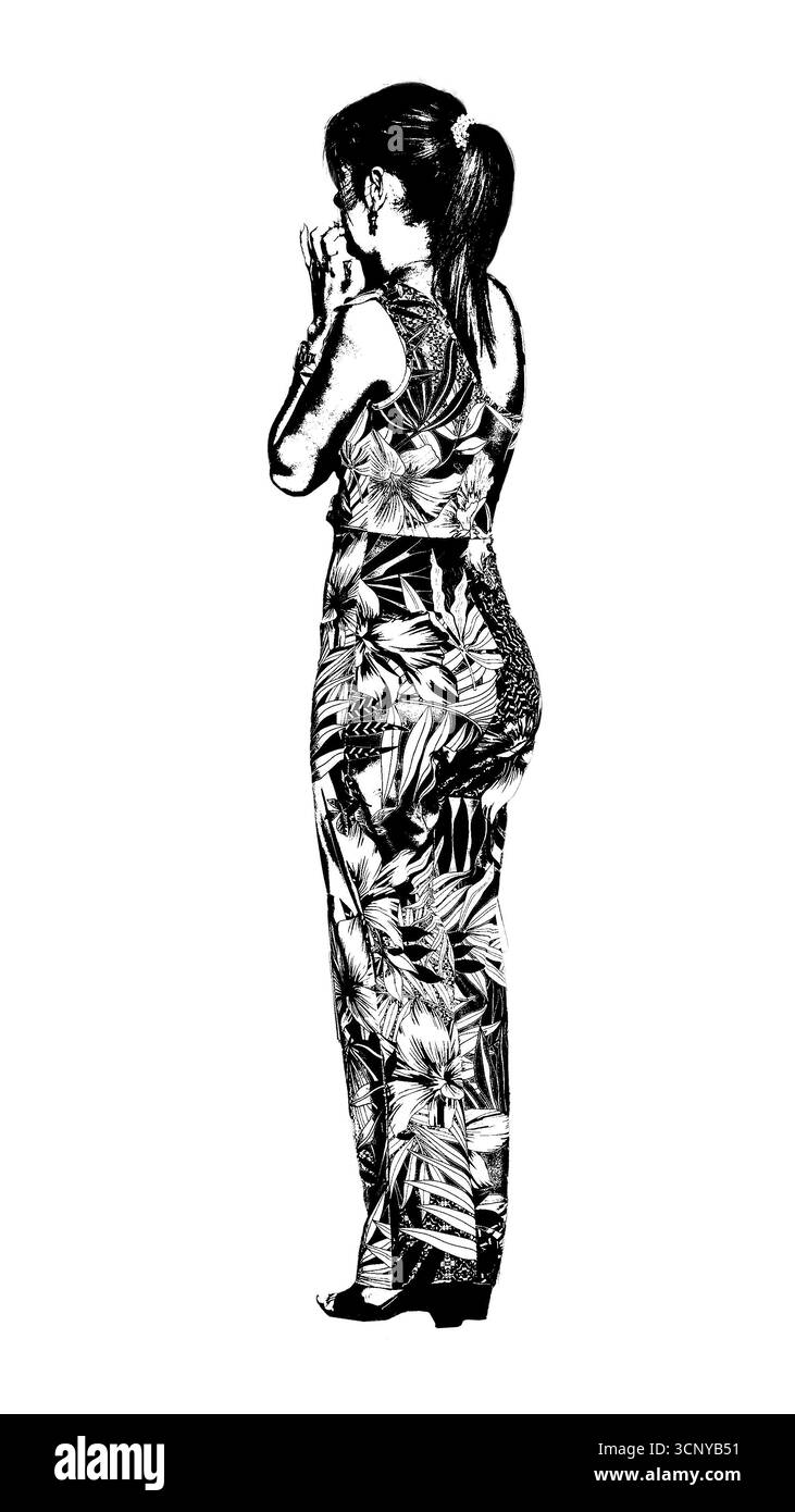 Portrait de profil complet graphique isolé noir et blanc d'une femme adulte debout portant un costume imprimé Banque D'Images Portrait de profil complet graphique isolé noir et blanc d'une femme adulte debout portant un costume imprimé Banque D'Images