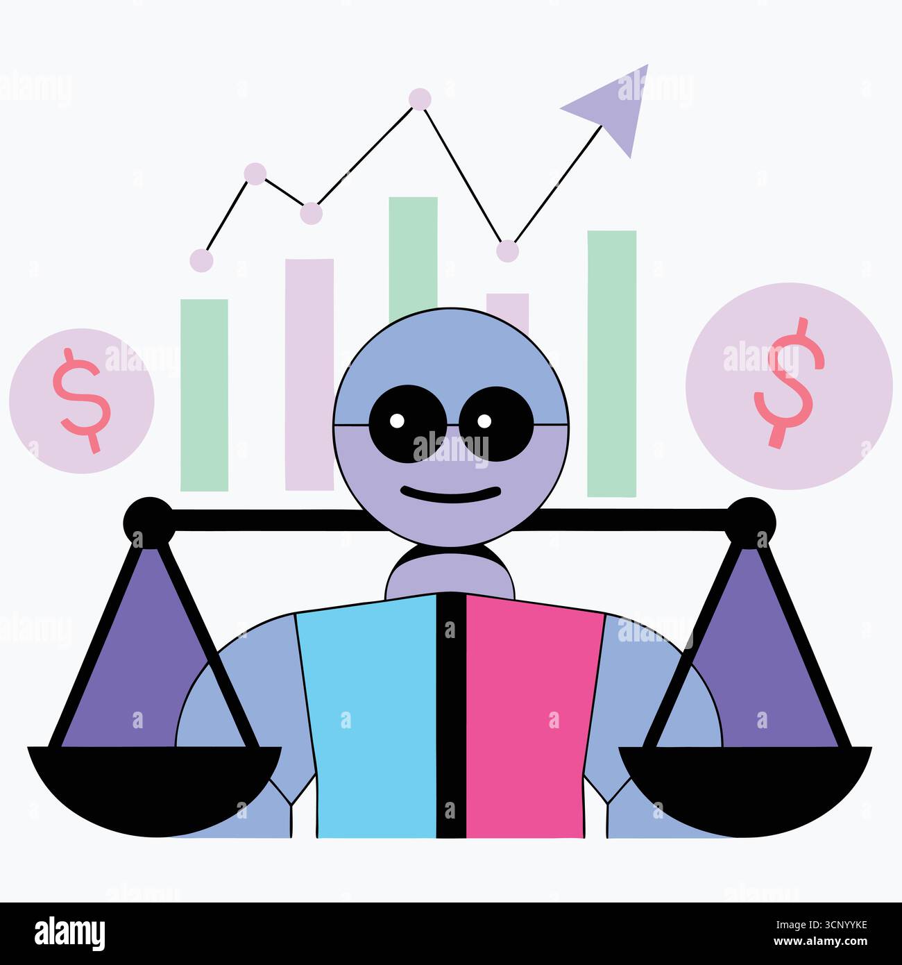 Robot avec balances et graphique de données financières, justice d'intelligence artificielle et illustration de concept d'entreprise Illustration de Vecteur