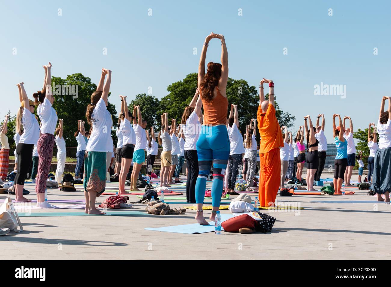 yoga. un groupe de personnes effectue des poses de yoga dans le parc. Festival de yoga à Kalemegdan, Belgrade Banque D'Images