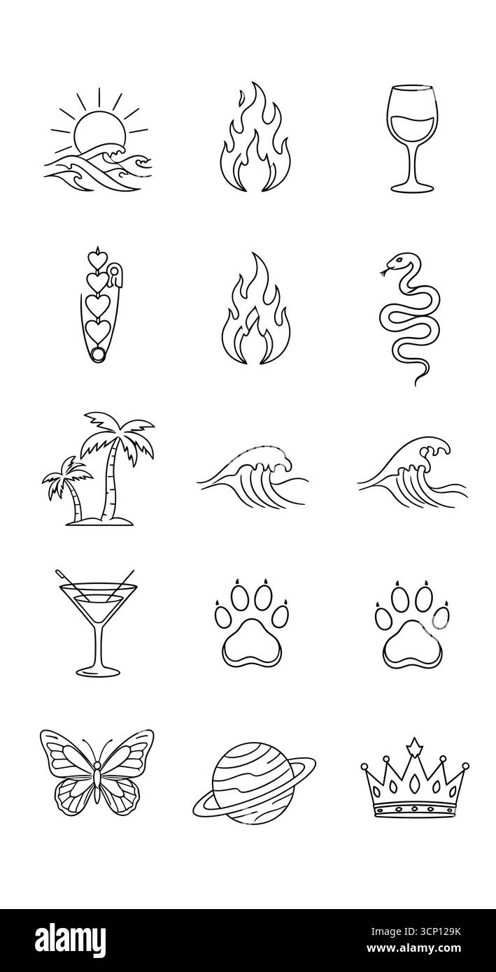 Collection d'icônes simples d'art au trait, y compris soleil, feu, verre de vin, serpent, palmier, vague, cocktail, imprimé patte, papillon, planète, et couronne Illustration de Vecteur