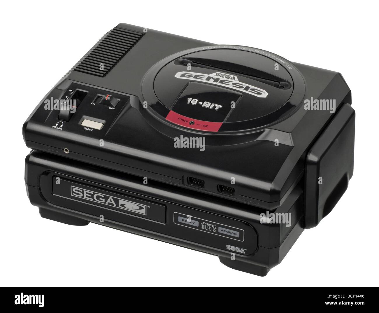 CD Sega modèle 1 attaché à une console de jeu vidéo Sega Genesis modèle 1. Il s'agit d'un lecteur de CD-ROM complémentaire Genesis/Mega Drive, 1991 Banque D'Images