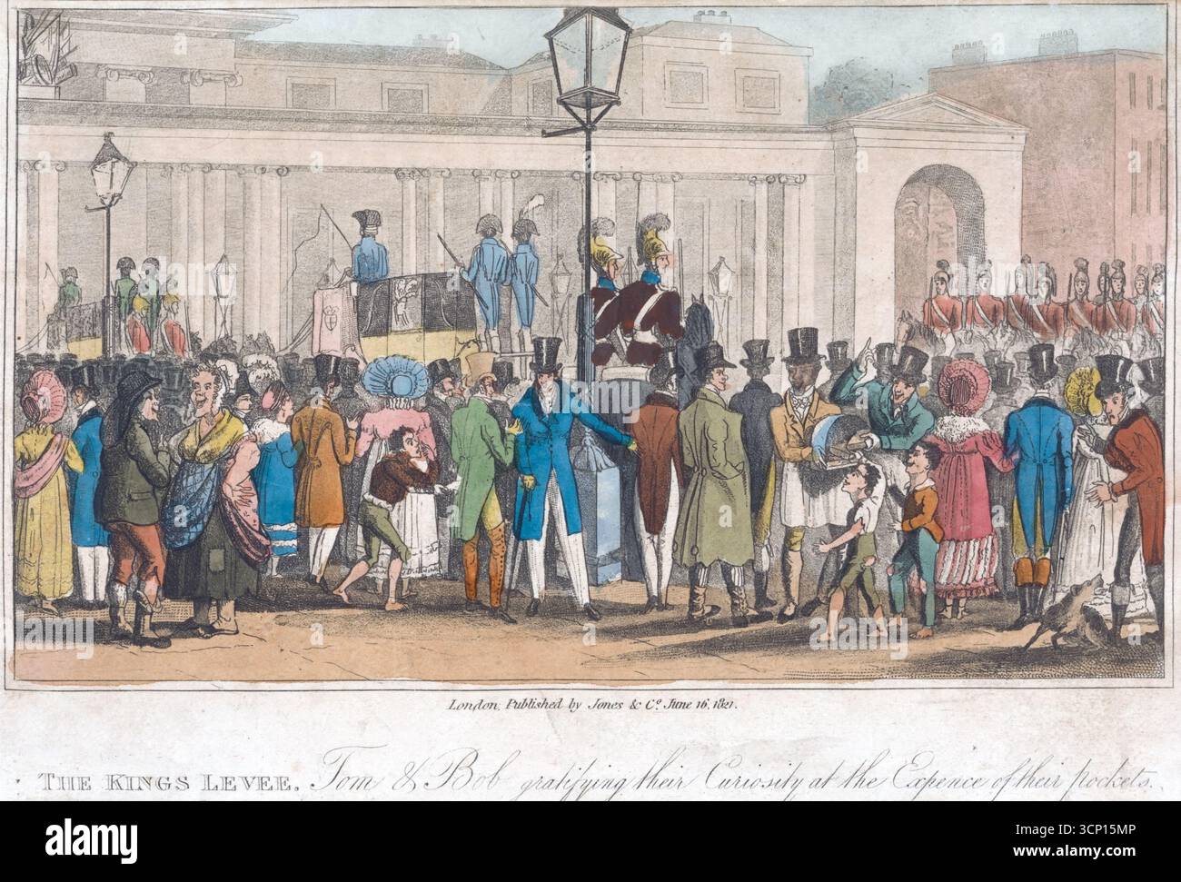 Une gravure en couleur du levier des rois, 1821 par un artiste inconnu gravant art art vintage impression antique du début du XIXe siècle chapeaux et robes de mode Banque D'Images