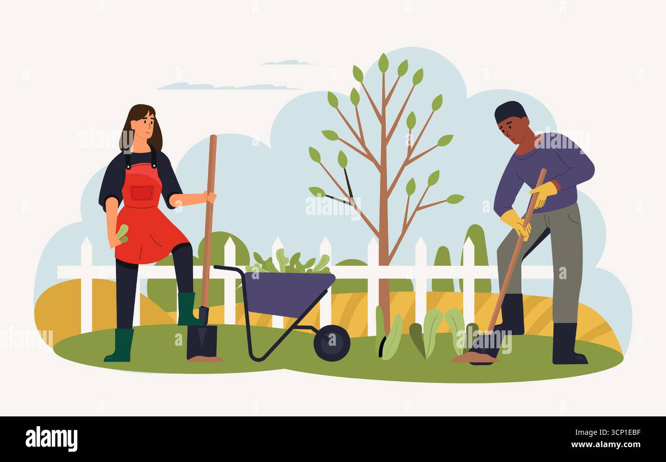Deux jardiniers travaillent dans un jardin de printemps, en utilisant des pelles et une brouette remplie de plantes, entourés d'une clôture blanche et d'un nouveau piquet Illustration de Vecteur