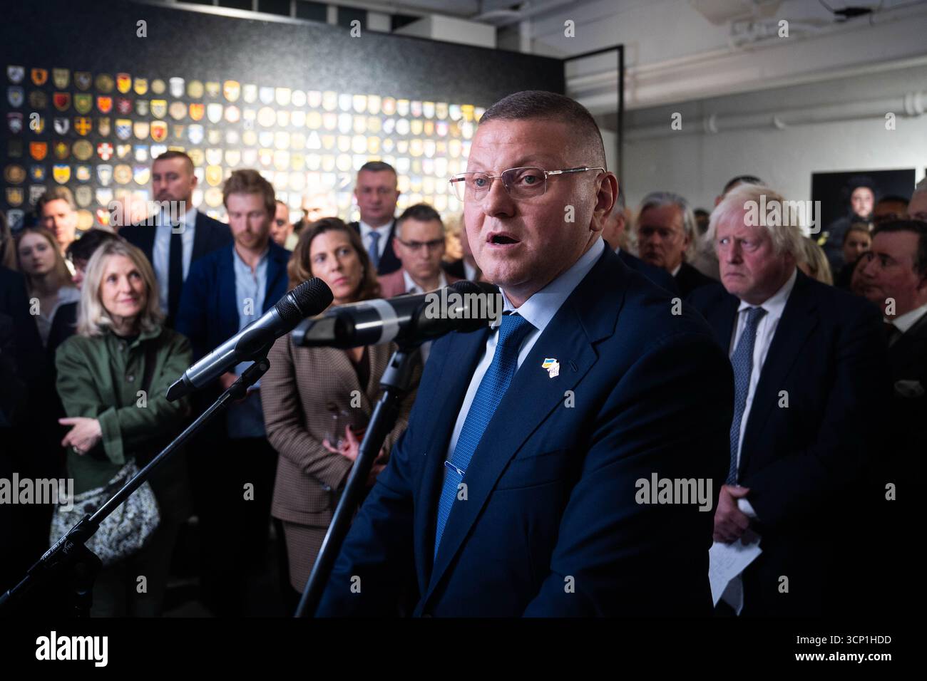 L'ambassadeur ukrainien au Royaume-Uni, le général Valerii Zaluzhnyi, s'exprimant lors du lancement de l'exposition « L'Ukraine indomptable » à la Vinyl Factory de Londres. Date de la photo : mardi 23 septembre 2025. Banque D'Images