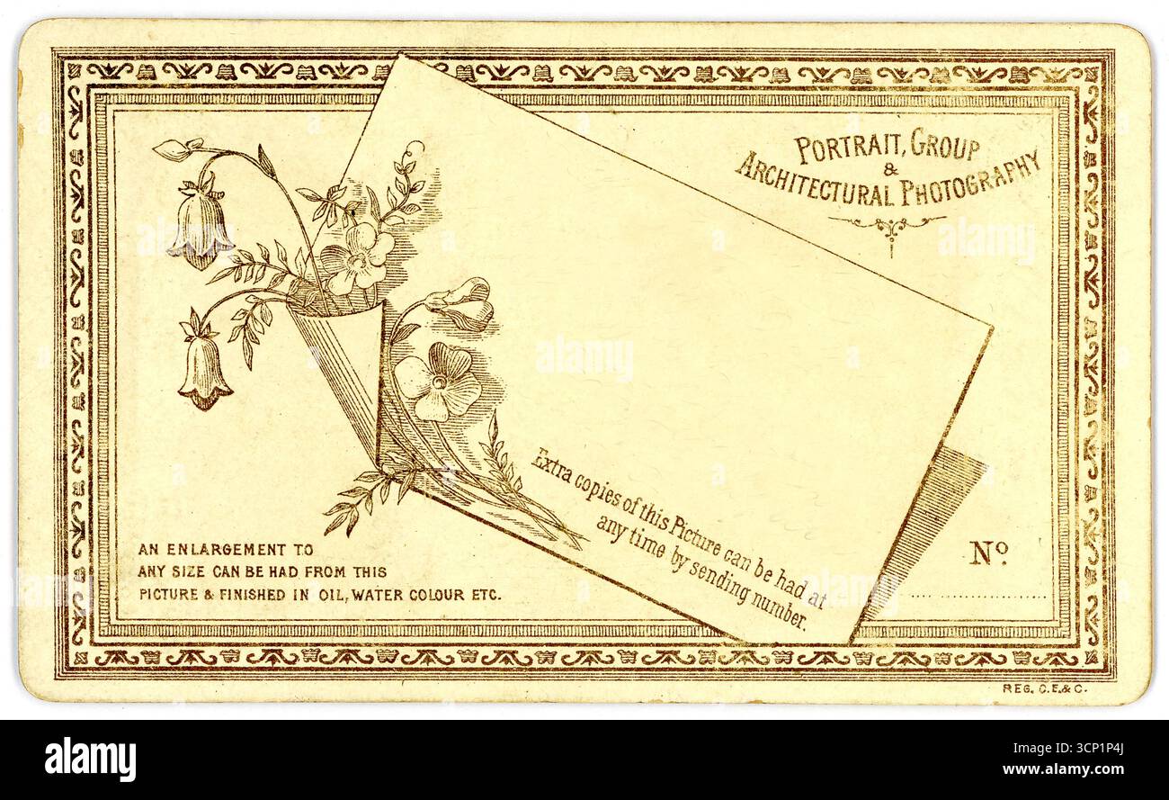 Revers original d'une belle carte de visite victorienne (carte de visite ou CDV) avec espace pour son propre texte ou message, invitation / espace copie. Du studio photographique de W. Wort, Ashby House, Sutton Coldfield, Warwickshire (maintenant Birmingham) Royaume-Uni vers 1885. Banque D'Images