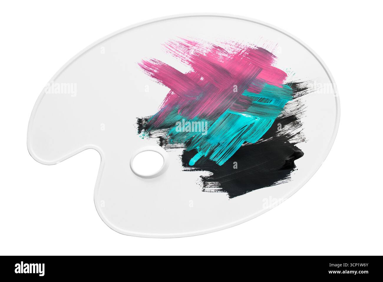 Peintures mélangées colorées sur la palette de l'artiste isolé sur fond blanc Banque D'Images