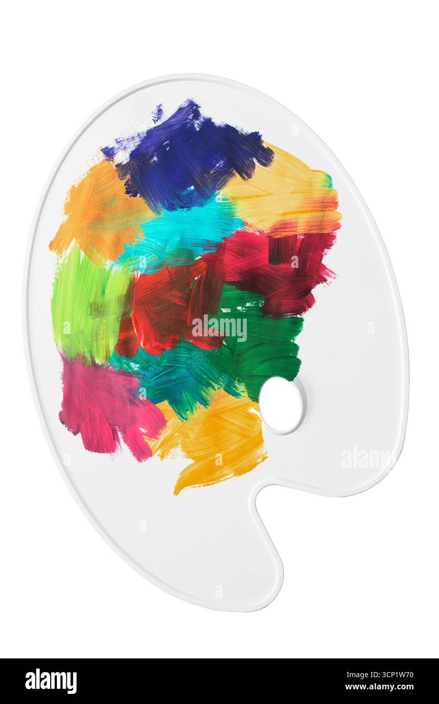 Peintures colorées mélangées à la gouache sur la palette de l'artiste isolé sur blanc Banque D'Images