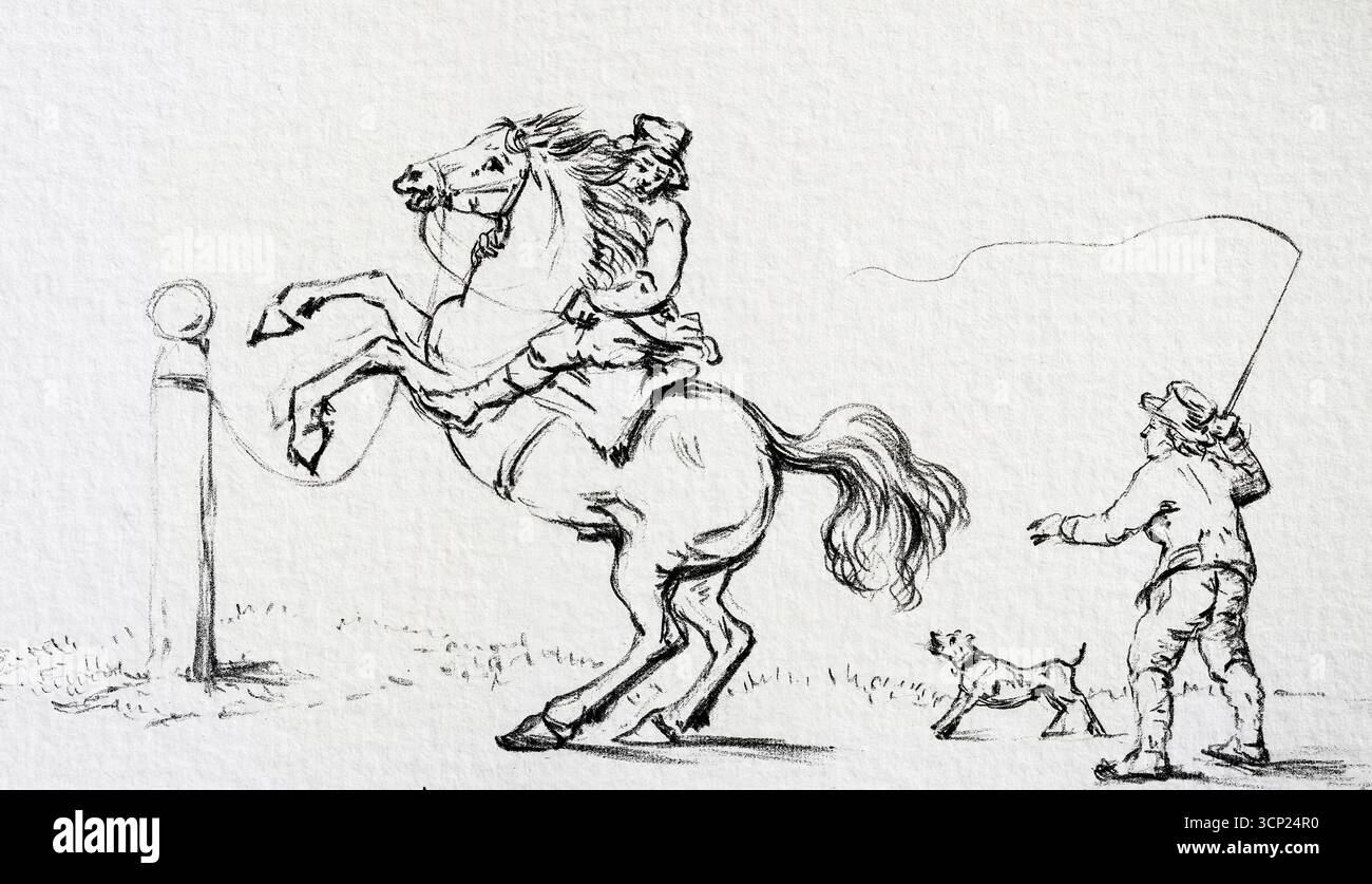 Apprivoiser un cheval de Jean Bernard (1775-1883) – dessin équestre français du XIXe siècle, œuvre d'art d'animaux anciens, domaine public Banque D'Images