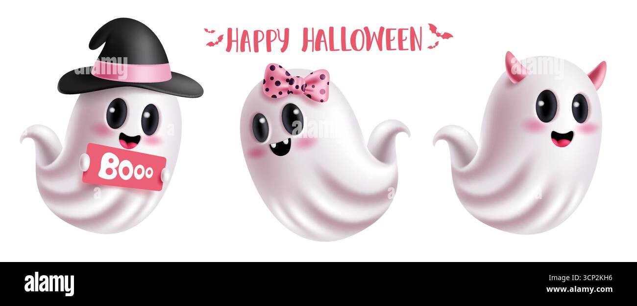 Ensemble clipart mignon fantôme. Halloween Happy mignon personnage fantôme collection clip art avec des expressions faciales joyeuses, drôles, adorables et effrayantes kawaii Illustration de Vecteur
