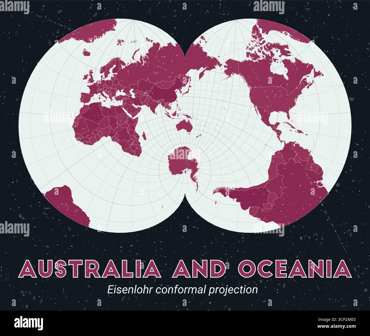 Australie et Océanie. Carte du monde. Projection conforme d'Eisenlohr centrée sur l'Australie et l'Océanie. Palette Pink foncé menthe pâle. Texture vintage. Illustration de Vecteur