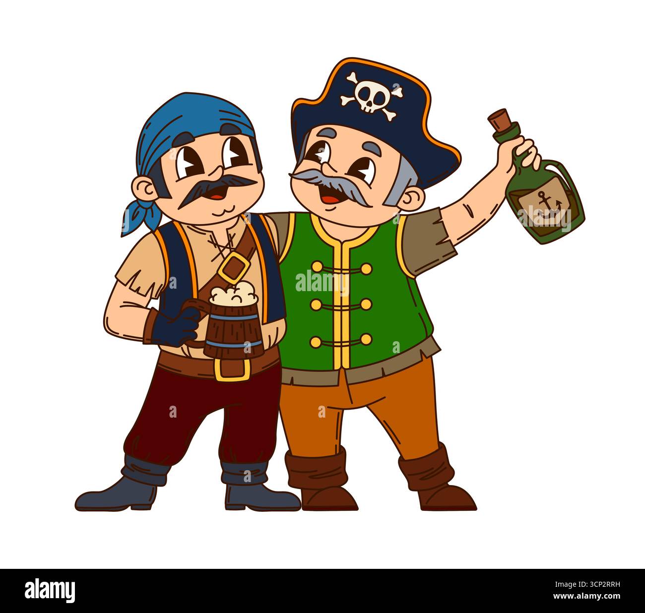 Caricature pirate européen et corsaire personnages amis. Capitaine et marin, bateau swain et skipper. Deux corsaires vectoriels debout côte à côte avec les bras l'un autour de l'autre. On tient une bouteille de rhum Illustration de Vecteur