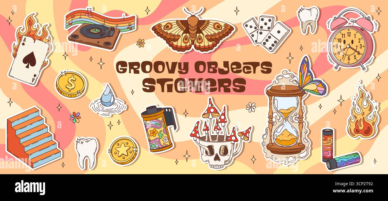 Pack d'autocollants hippie groovy rétro. Vector y2k cartes à jouer, pièces de monnaie, flammes, crâne, horloge, champignons, mites, film, escaliers, sablier, briquets avec une ambiance psychédélique des années 60 des années 70 et une esthétique de dessin animé ludique Illustration de Vecteur
