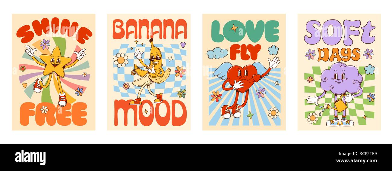 Des affiches de personnages hippies groovy, mettant en vedette une étoile rétro de dessin animé joyeuse, une banane, un cœur ailé et des personnages de l'an 2000 dans le nuage posant avec des expressions ludiques, célébrant la positivité, le plaisir et les humeurs fantastiques Illustration de Vecteur