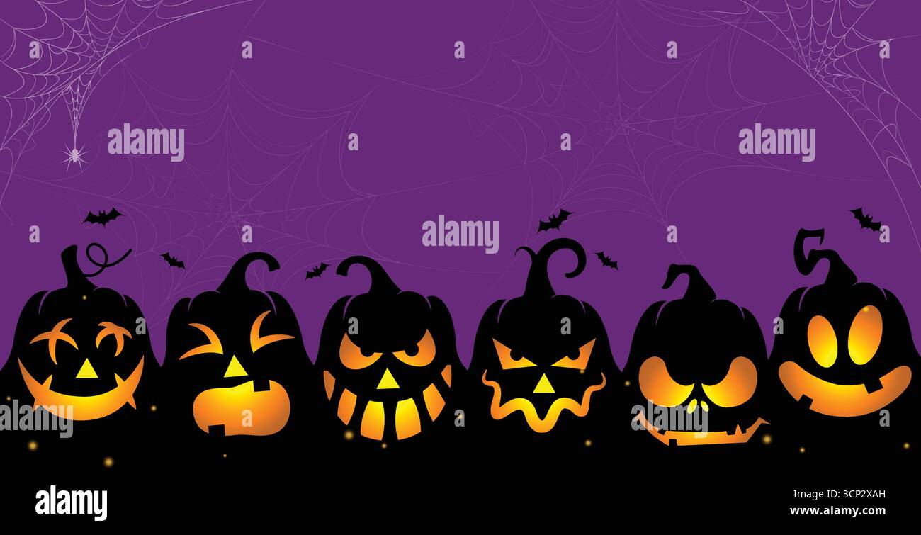 Citrouilles d'Halloween souriantes avec visages brillants et chauves-souris volantes sur Purple Night Illustration de Vecteur