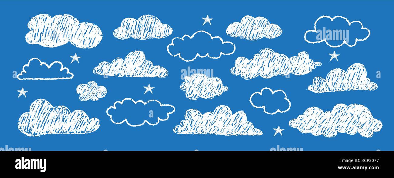 Des nuages dessinés au crayon. Design contemporain naïf esthétique. Texture enfantine. Illustration de crayon d'enfant de stock de vecteur dessinée à la main Illustration de Vecteur