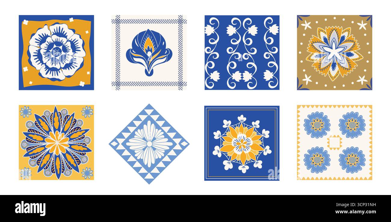 Ensemble de carreaux fleuris folkloriques. Collection d'ornements bleu jaune méditerranéen rétro Illustration de Vecteur