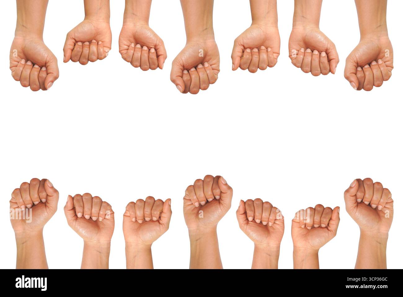 Mains de poing levées de haut en bas sur fond blanc. Banque D'Images