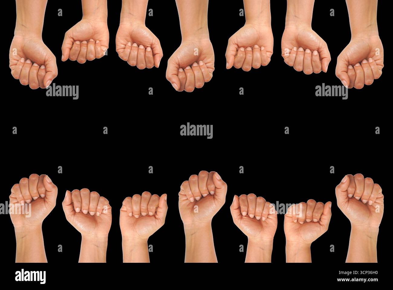 Face inférieure et face supérieure montrant les mains de poing levées sur fond noir. Banque D'Images