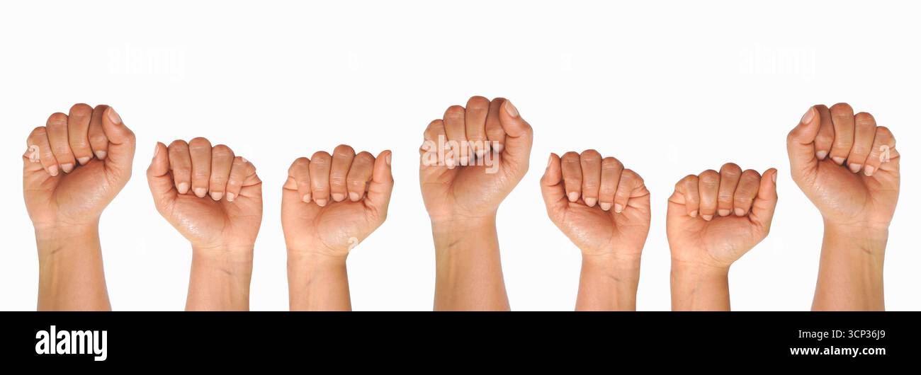 Mains de poing soulevées sur fond blanc.. Banque D'Images