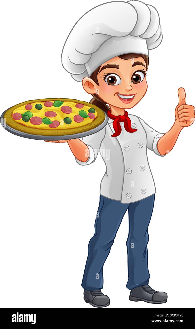 Chef féminin de dessin animé servant des pizzas Thumbs Up Illustration de Vecteur