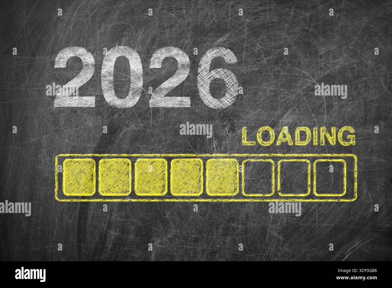Barre de progression montrant le chargement du nouvel an 2026 sur le tableau de surveillance extrême gros plan Banque D'Images