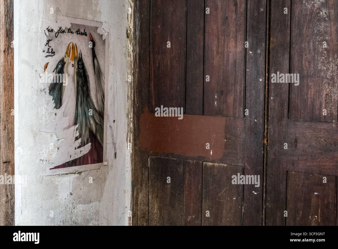 Affiche déchirée sur un mur altéré à côté d'une vieille porte en bois, montrant des signes d'âge et de décomposition urbaine, détail d'un intérieur de bâtiment abandonné. Banque D'Images