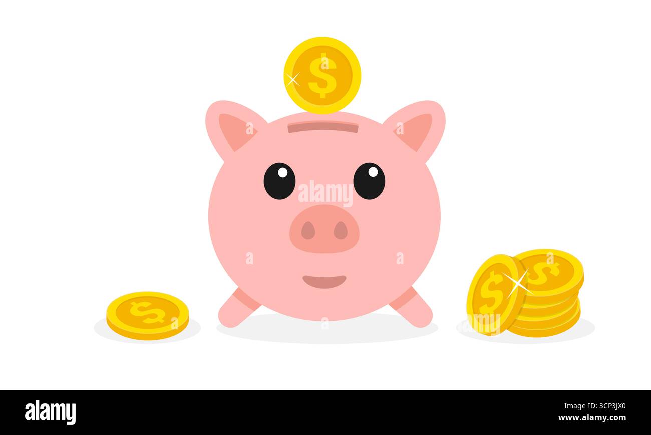 Illustration vectorielle d'économie d'argent. Tirelire mignonne avec des pièces d'or Illustration de Vecteur