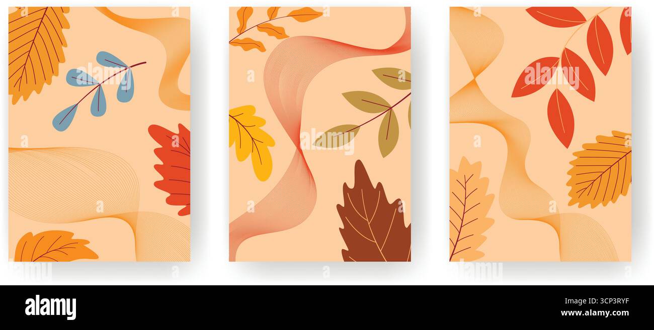 Ensemble de gabarits d'automne atmosphériques avec des feuilles qui tombent. Arrière-plans pour flyers, cartes, cartes postales, invitations, brochures, couvertures, graphiques vectoriels. Illustration de Vecteur