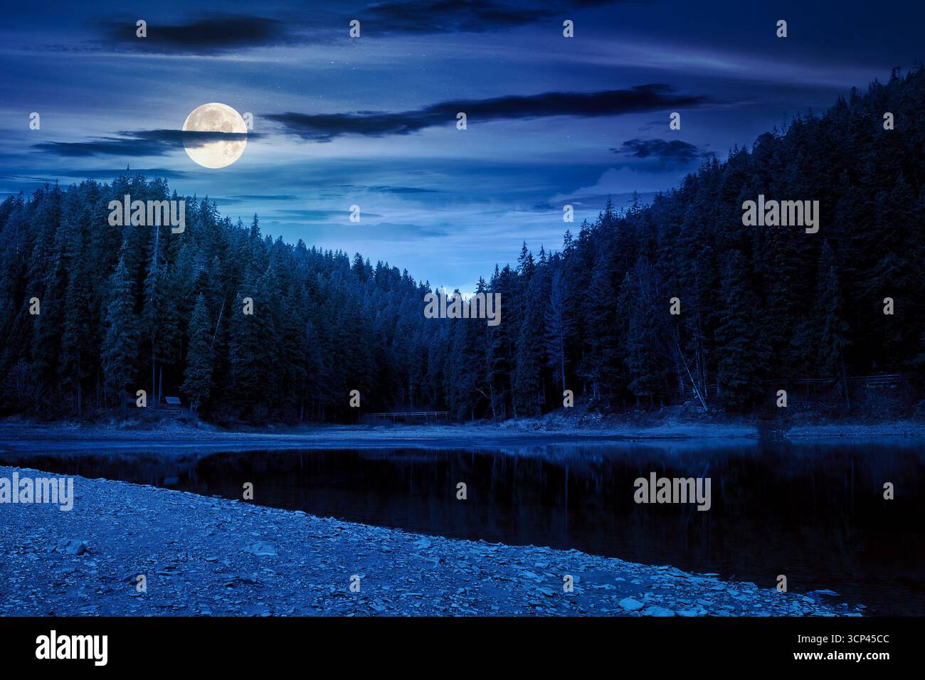 paysage pittoresque au bord du lac dans la forêt d'automne la nuit. beau paysage du parc national en saison d'automne en pleine lune. environnement coloré ref Banque D'Images paysage pittoresque au bord du lac dans la forêt d'automne la nuit. beau paysage du parc national en saison d'automne en pleine lune. environnement coloré ref Banque D'Images