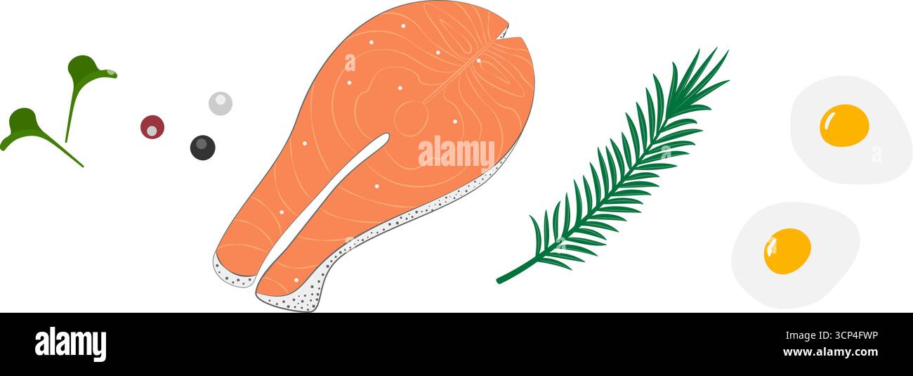 Saumon Steak oeufs frits herbes et épices autocollant icône pictogramme Design minimaliste Healthy Food Set. Icône d'autocollant d'illustration vectorielle isolée contenu lié aux aliments sains cartes de menu, brochures Illustration de Vecteur