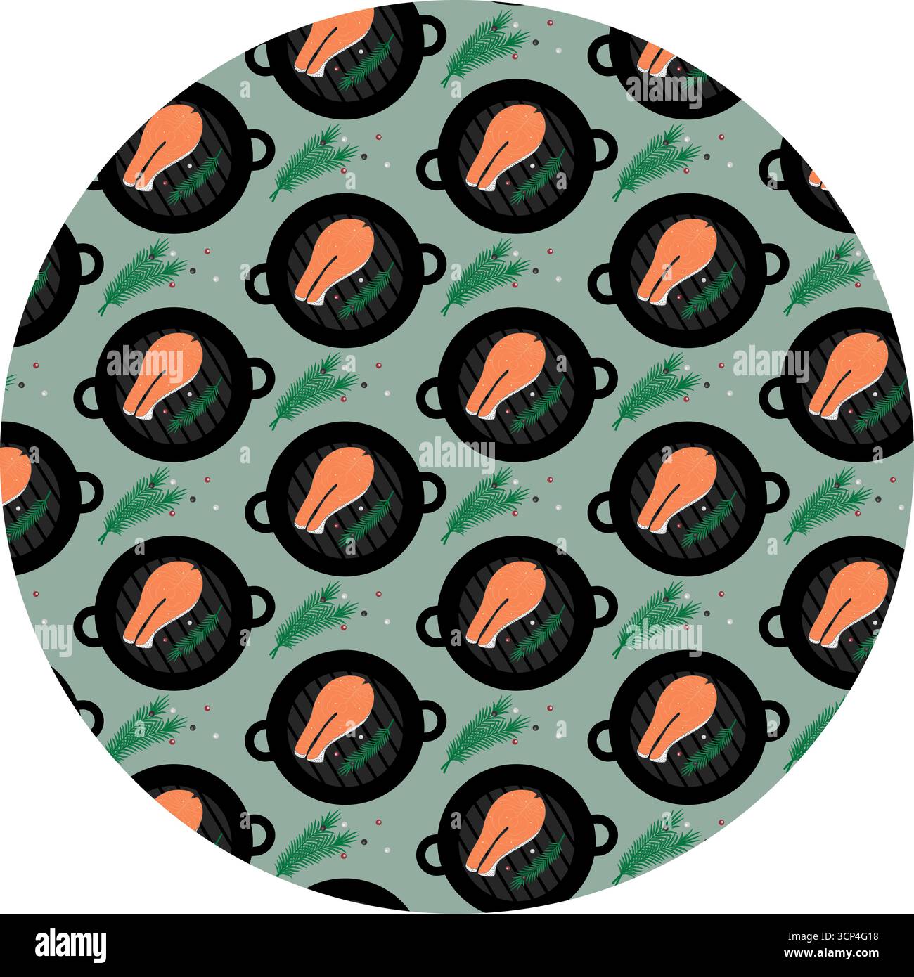 Poêle grillée au bifteck de saumon brindille de romarin et motif de grains de poivre sur fond rond manger sain. Illustration vectorielle isolée cartes de menu de recettes d'aliments sains bannière de fond, dépliants, étiquettes, affiches Illustration de Vecteur