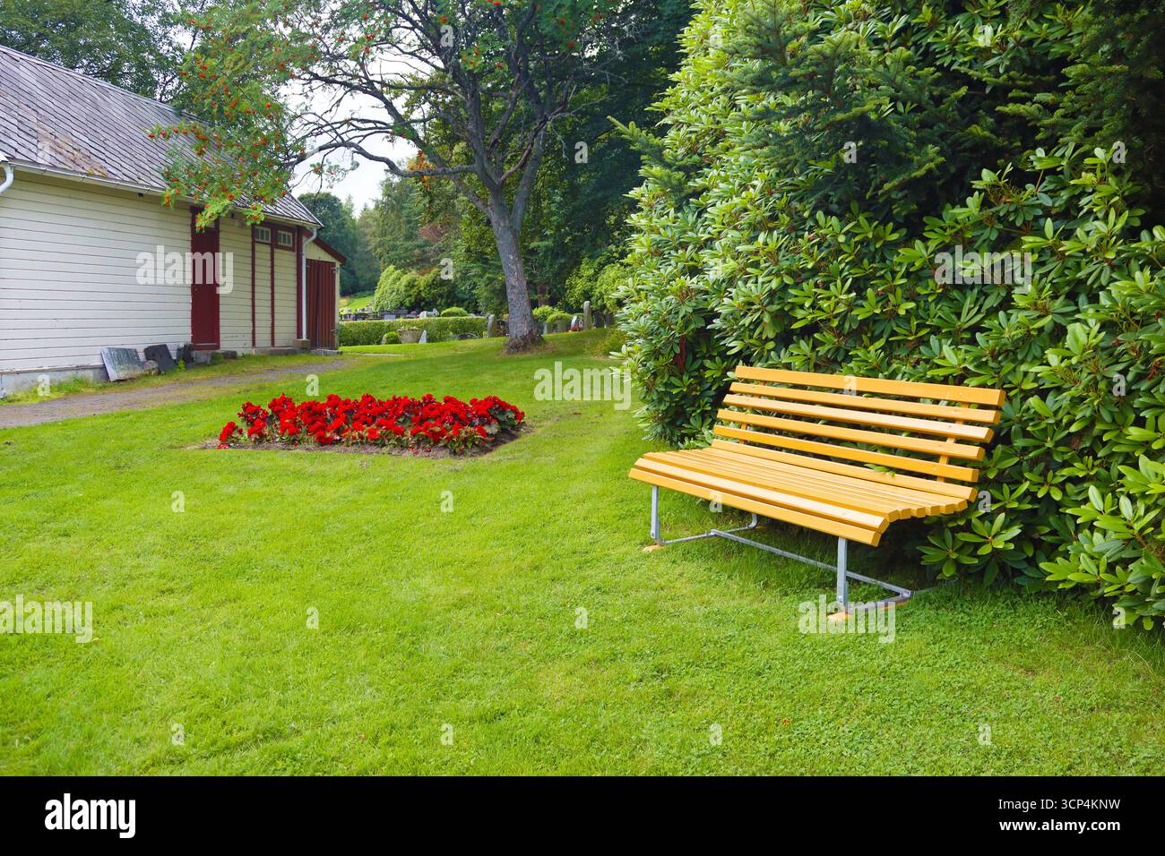 Banc jaune dans le beau parc en été Alesund, Norvège Banque D'Images Banc jaune dans le beau parc en été Alesund, Norvège Banque D'Images