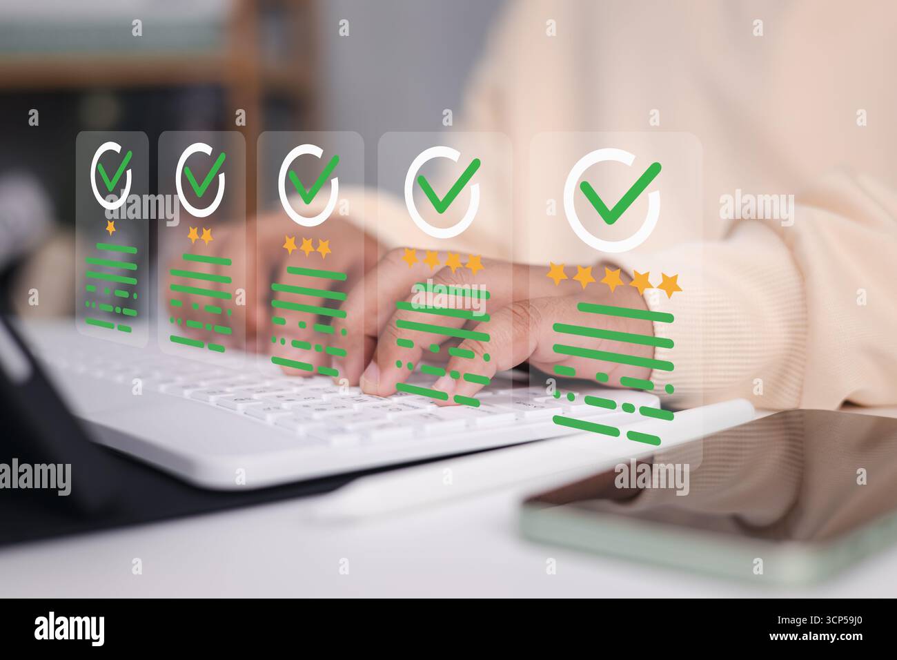 Concept d'évaluation et d'évaluation client en ligne avec étoiles numériques et coches. Saisie par l'utilisateur sur le clavier pour les commentaires commerciaux, l'évaluation du produit et les Banque D'Images Concept d'évaluation et d'évaluation client en ligne avec étoiles numériques et coches. Saisie par l'utilisateur sur le clavier pour les commentaires commerciaux, l'évaluation du produit et les Banque D'Images