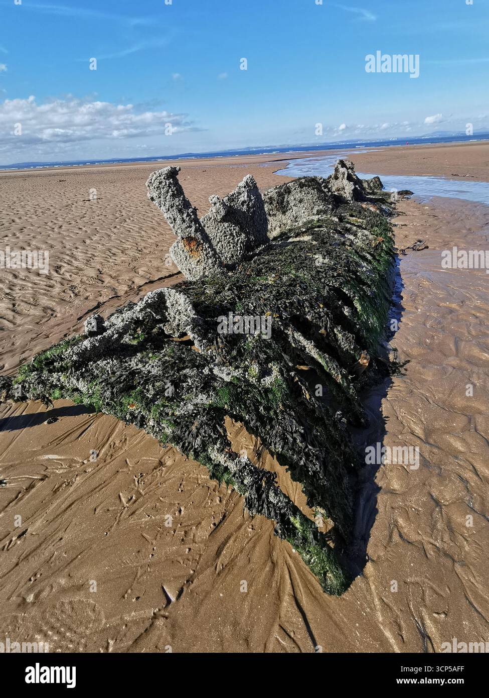Des sous-marins « Midget » de classe X de la seconde Guerre mondiale rouillent dans la baie d'Aberlady près d'Édimbourg. La classe X a été construite comme une nouvelle approche pour abattre les navires de guerre allemands. - Image de stock capturée avec un smartphone