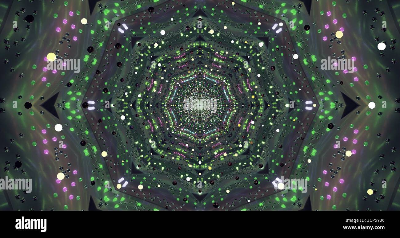 Un motif de kaléidoscope complexe affiche un mélange de couleurs et de formes vives. Les points dans les tons de vert, violet et blanc créent une expe visuelle fascinante Banque D'Images