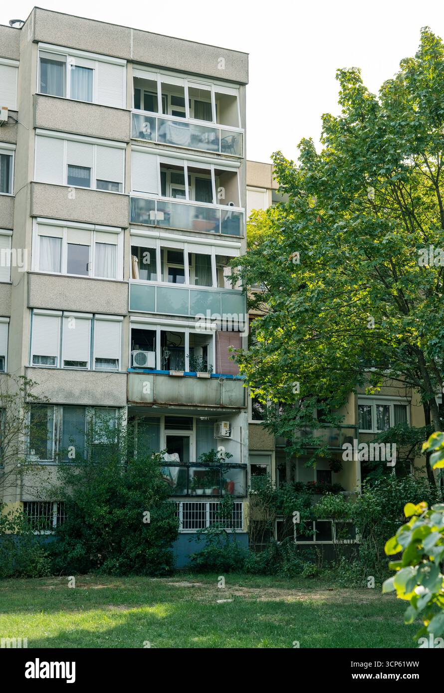 Ancien immeuble résidentiel avec balcons et arbres verts à l'avant, représentant le logement urbain et l'architecture de l'Europe de l'est. Banque D'Images