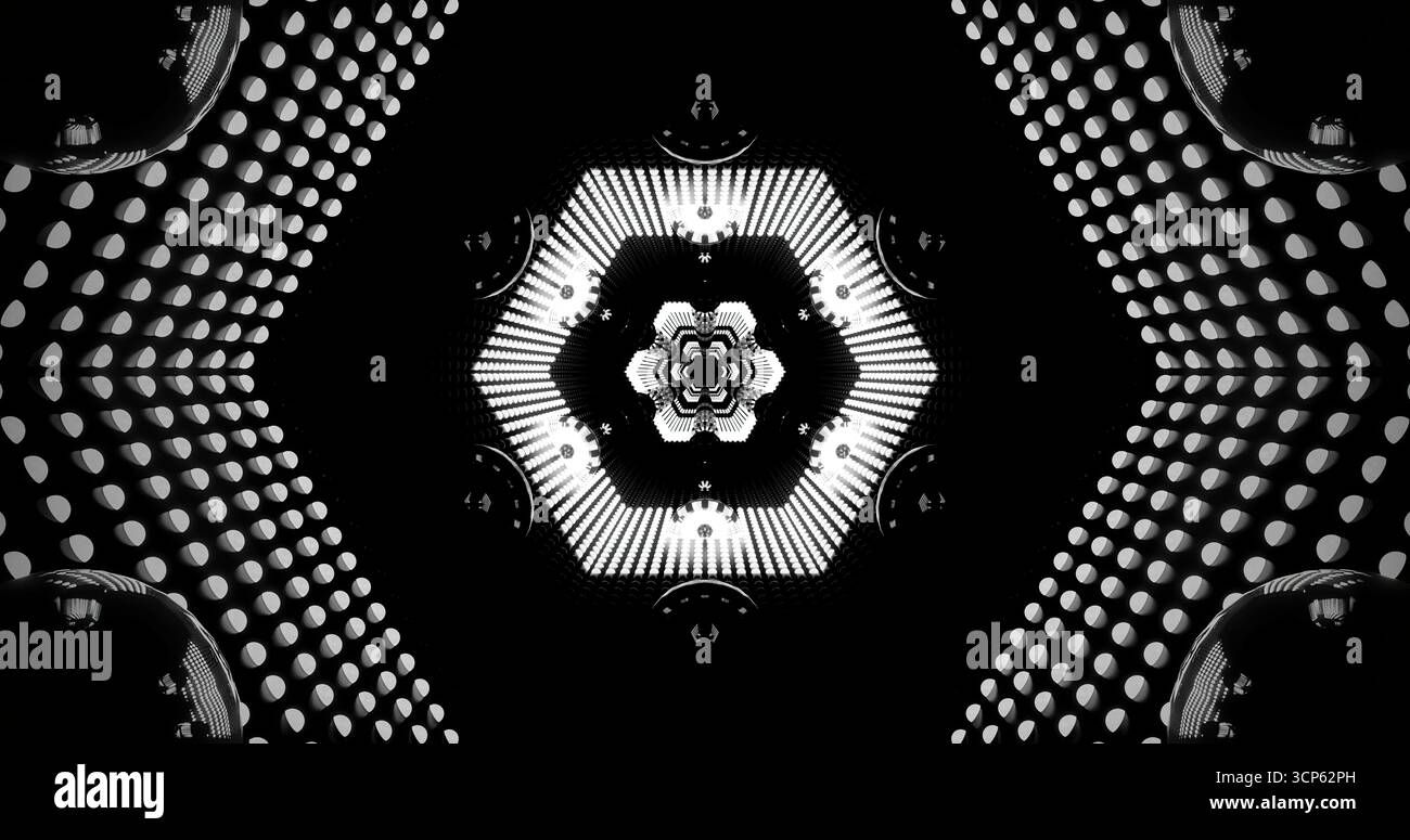 Design noir et blanc complexe avec un motif symétrique de points et de lignes. Les formes audacieuses créent un effet visuel fascinant qui dessine le Banque D'Images